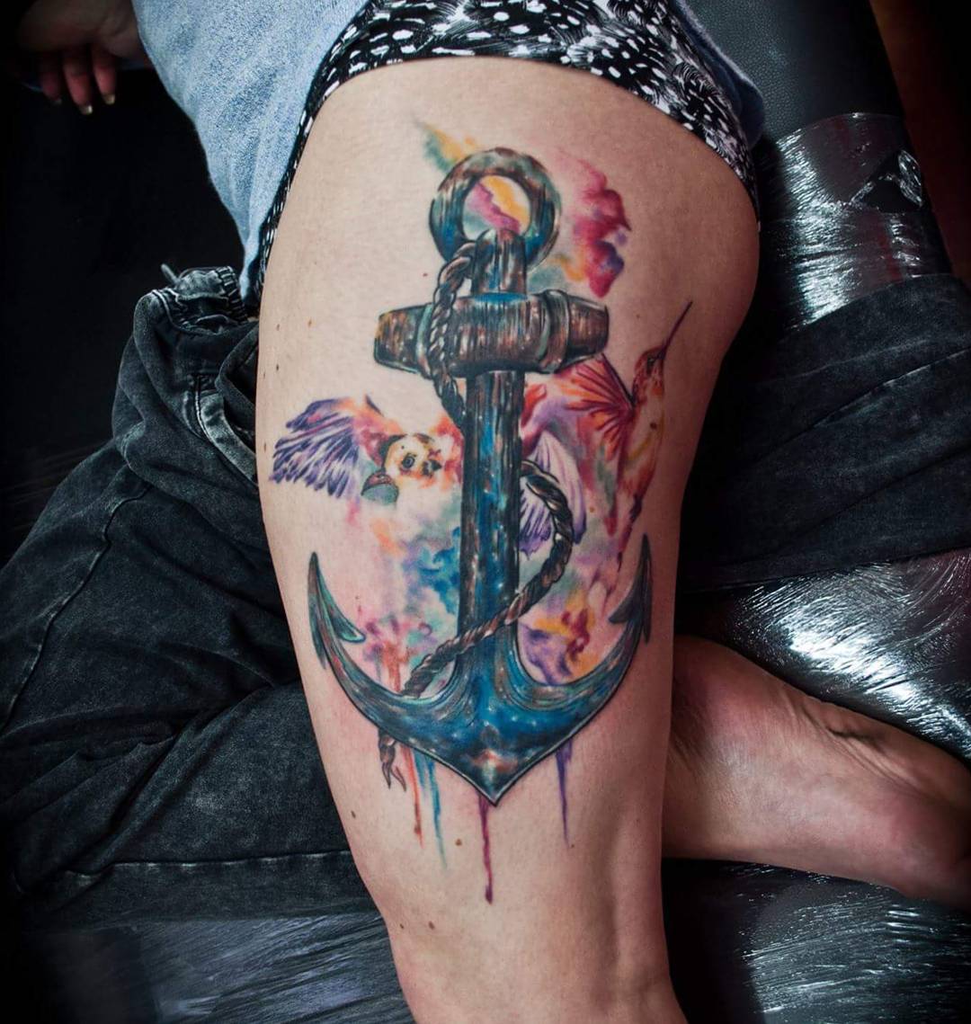 watercolor anchor tattoo by jayvangerventattoo