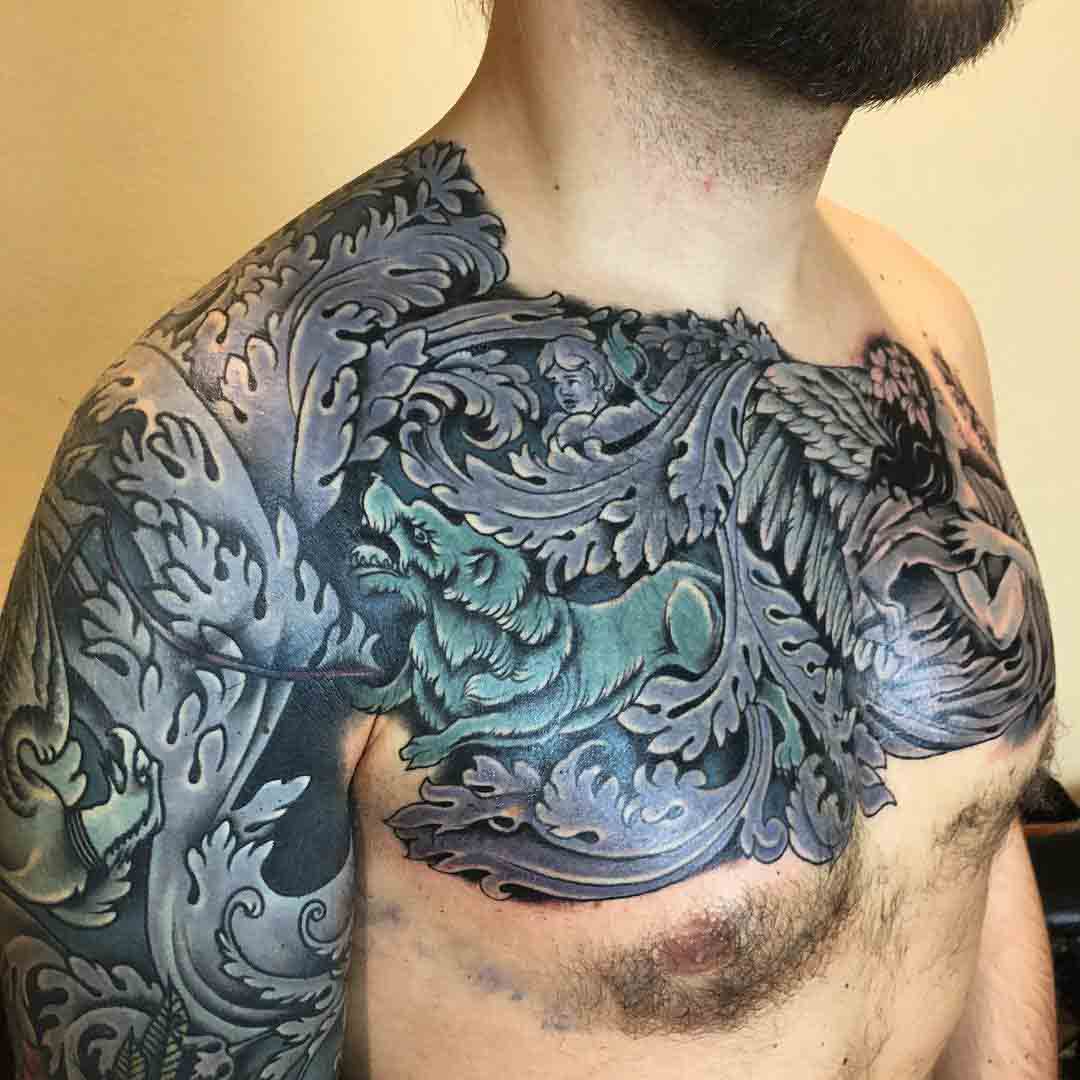 full chest and sleeve tattoo baroque