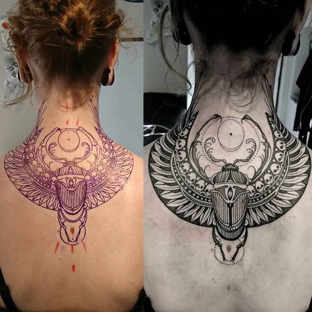 scarab egyptian tattoo with wings on back neck