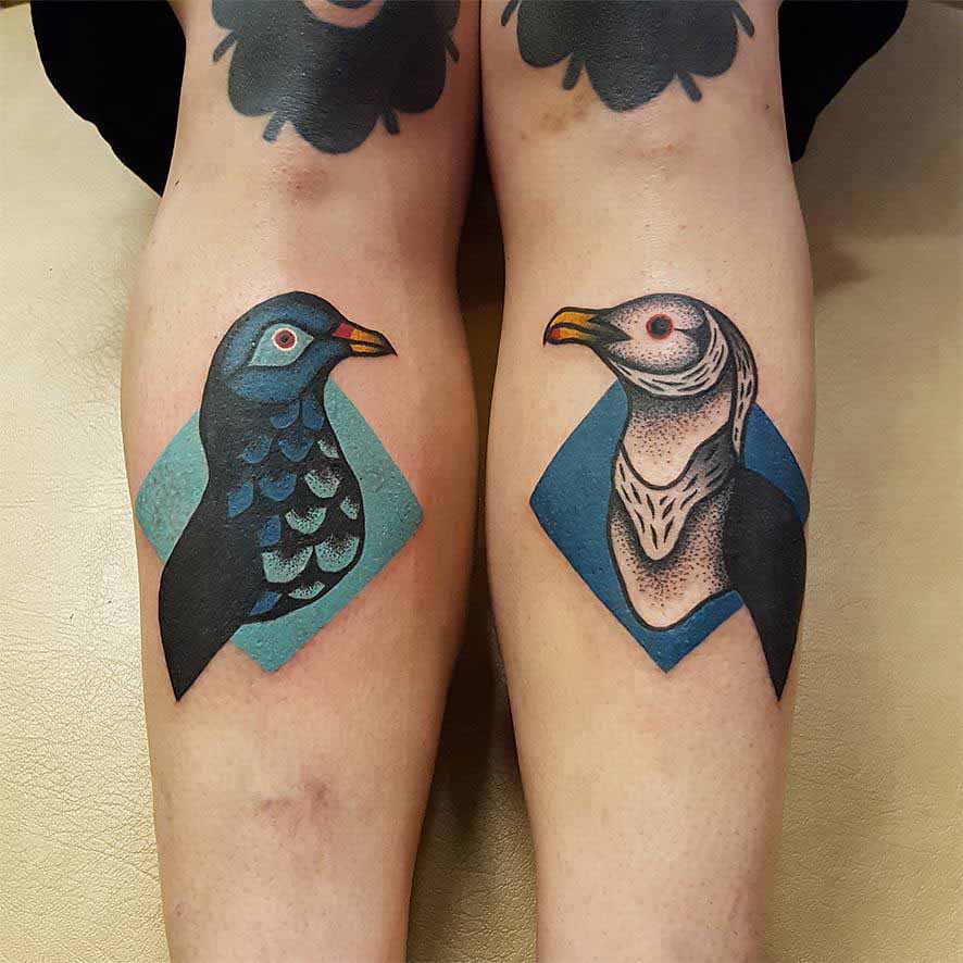 Seagull Tattoo and Pegion Tattoo on Shins
