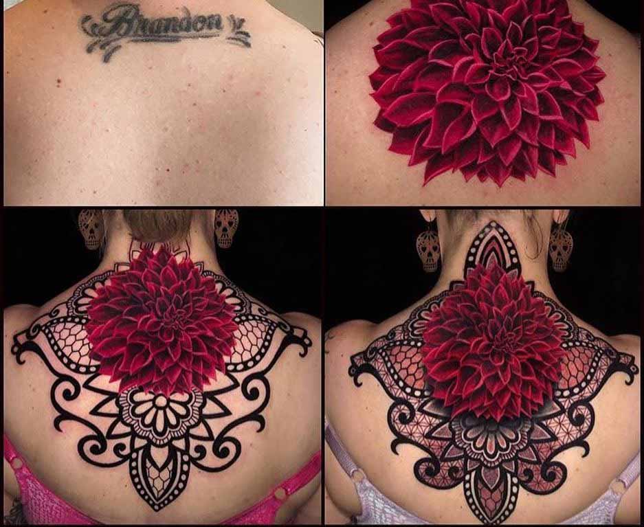 nape tattoo coverup lettering to big flower