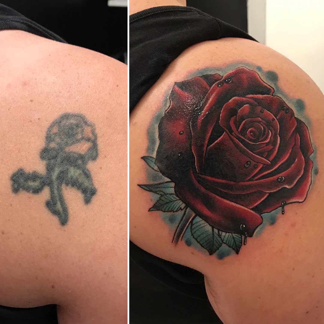 shoulder blade cover up tattoo rose