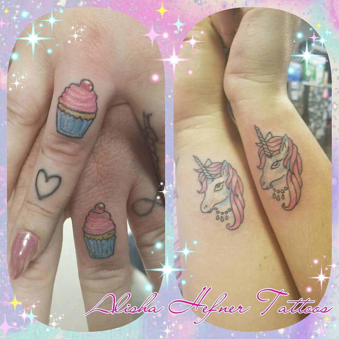 couple tattoos small and cute unicorn tattoo and cup-cake tattoo