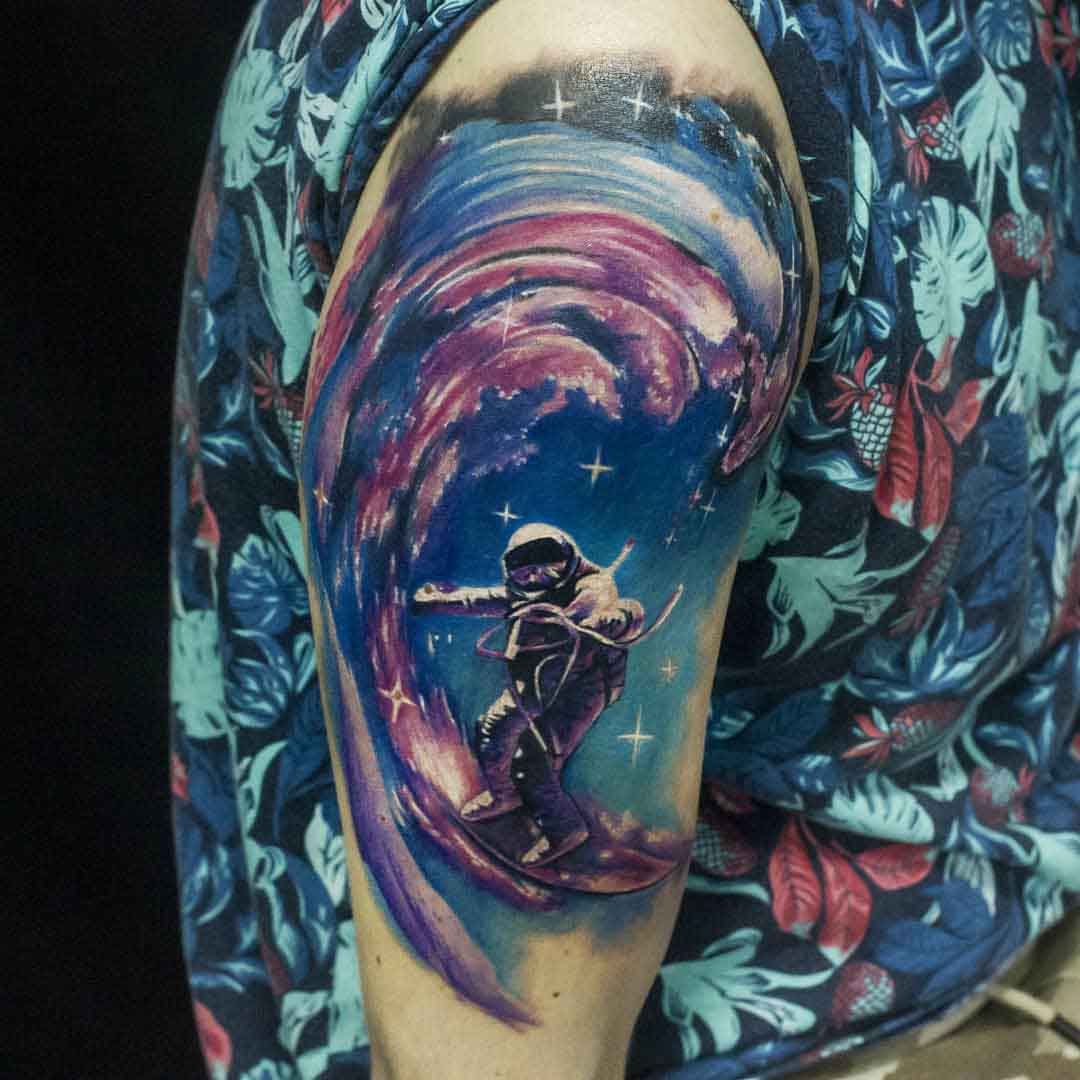 galaxy wave tattoo astronaut surfer