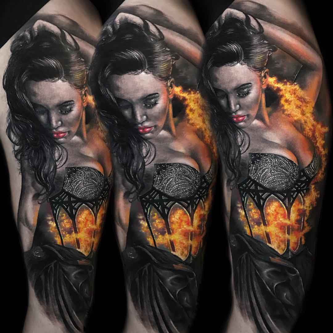 tattoo of girl in flames