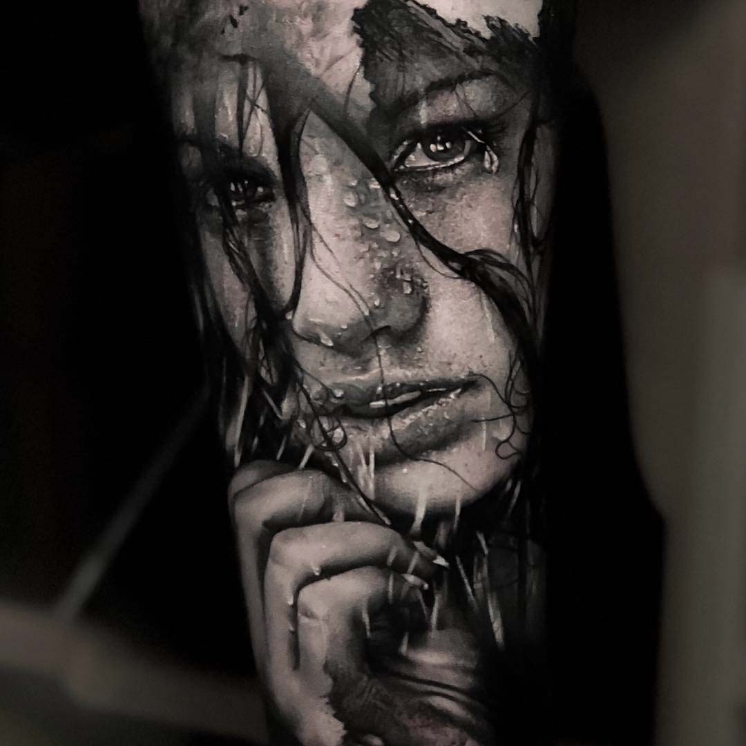 black and grey girl portrait tattoo